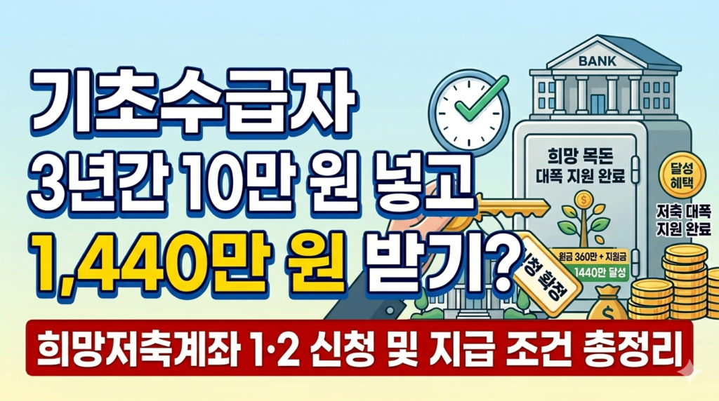 기초수급자 희망저축계좌 1·2 신청 및 지급 조건 총정리. 3년간 10만 원 넣고 1,440만 원 받기. 이미지