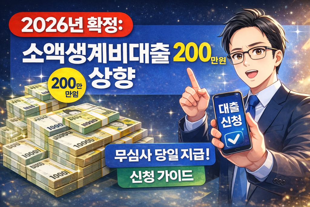 2026년 확정: 소액생계비대출 200만 원 상향, 무심사 당일 지급 신청 가이드 이미지